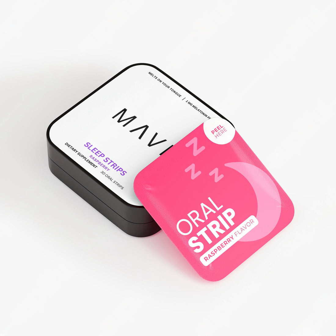 Mavi Sleep Strips tin with a raspberry oral strip