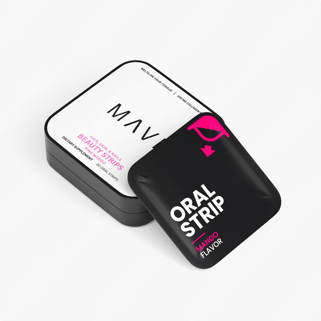 Mavi Beauty + Collagen Strips tin with an oral strip